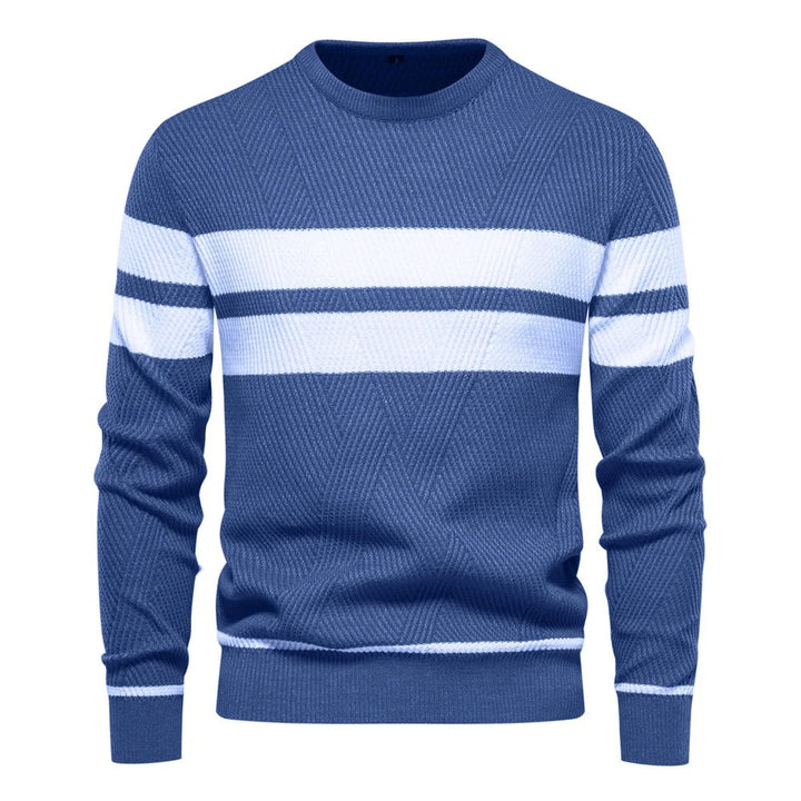"Patchwork-pullover med O-ringning för män, långärmad, trendigt mönster, varm och slimmad passform, stilfull design."
