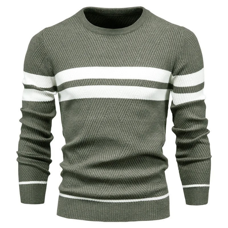 "Patchwork-pullover med O-ringning för män, långärmad, trendigt mönster, varm och slimmad passform, stilfull design."