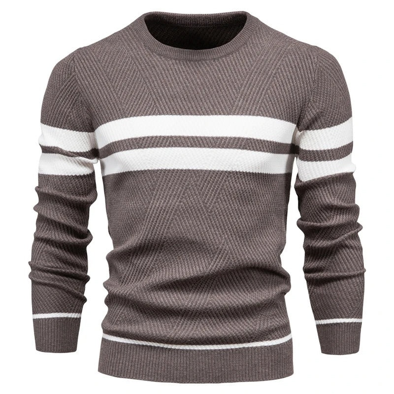 "Patchwork-pullover med O-ringning för män, långärmad, trendigt mönster, varm och slimmad passform, stilfull design."