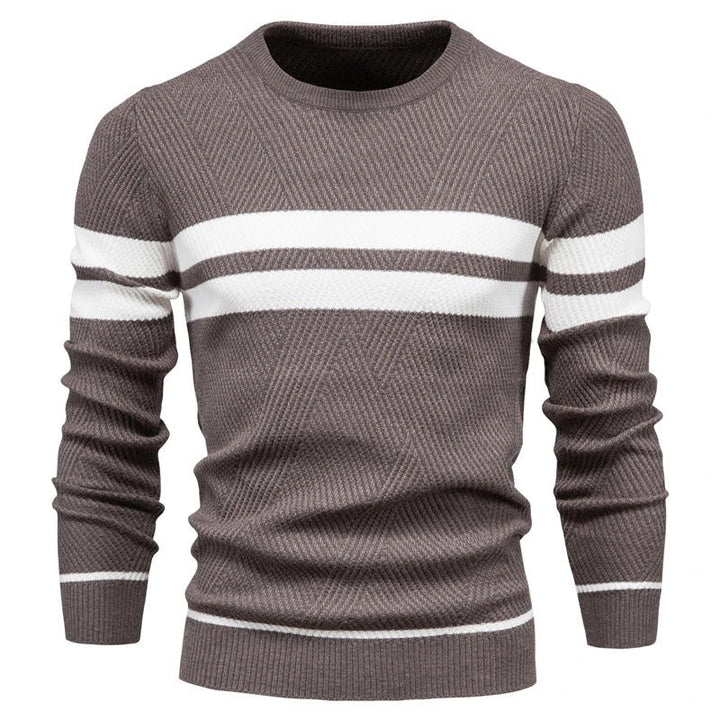 "Patchwork-pullover med O-ringning för män, långärmad, trendigt mönster, varm och slimmad passform, stilfull design."