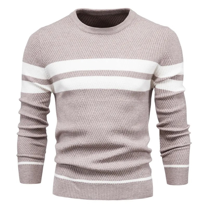 "Patchwork-pullover med O-ringning för män, långärmad, trendigt mönster, varm och slimmad passform, stilfull design."