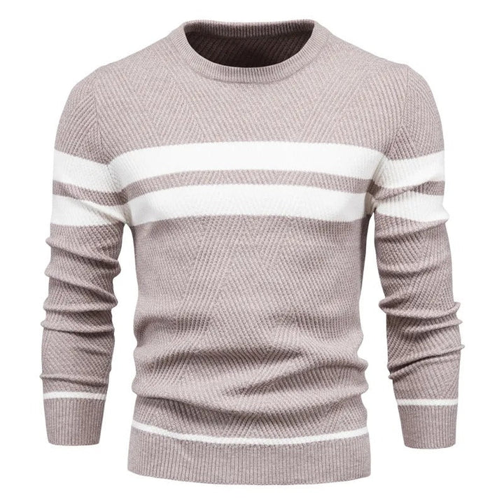 "Patchwork-pullover med O-ringning för män, långärmad, trendigt mönster, varm och slimmad passform, stilfull design."