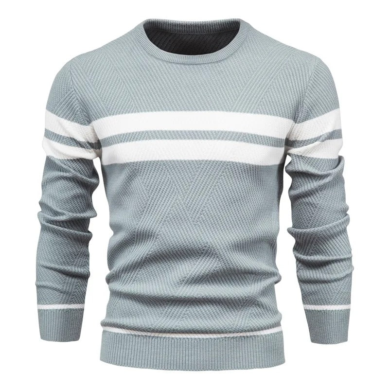 "Patchwork-pullover med O-ringning för män, långärmad, trendigt mönster, varm och slimmad passform, stilfull design."