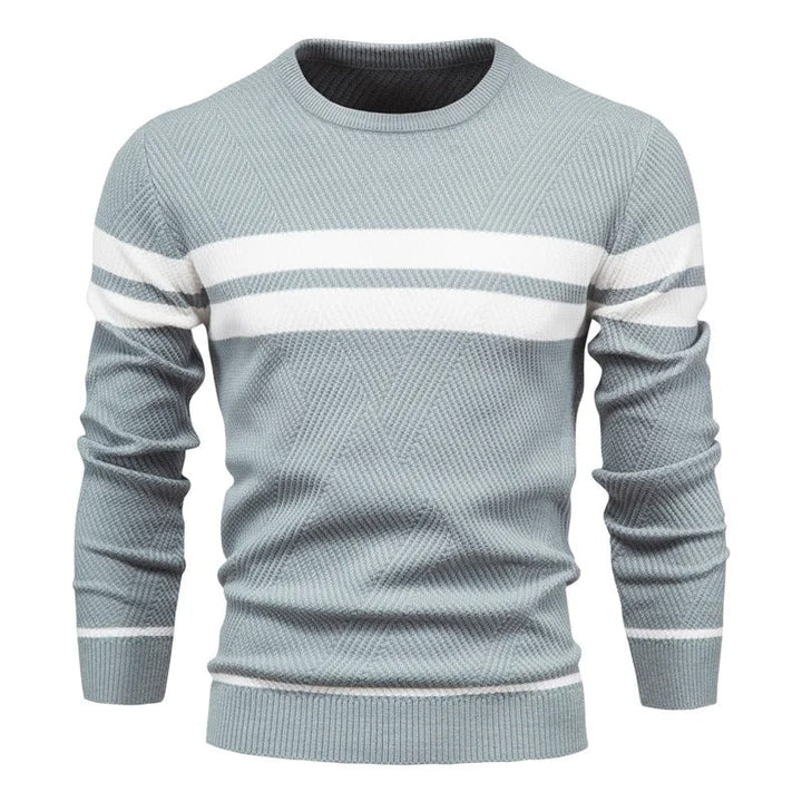 "Patchwork-pullover med O-ringning för män, långärmad, trendigt mönster, varm och slimmad passform, stilfull design."