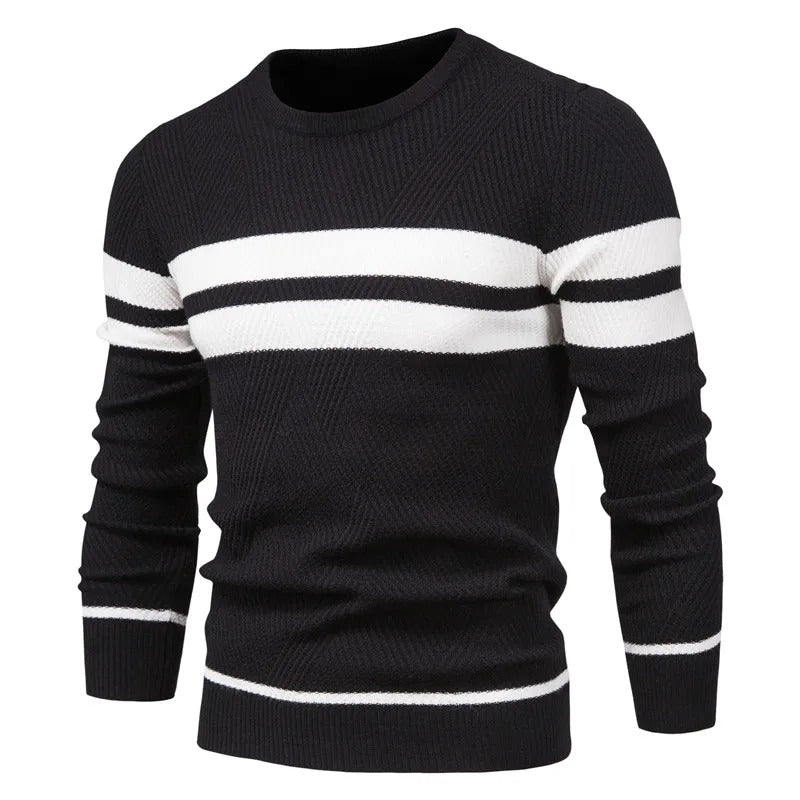 "Patchwork-pullover med O-ringning för män, långärmad, trendigt mönster, varm och slimmad passform, stilfull design."