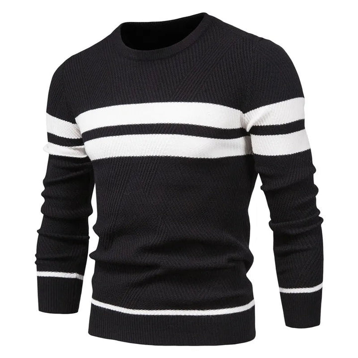 "Patchwork-pullover med O-ringning för män, långärmad, trendigt mönster, varm och slimmad passform, stilfull design."
