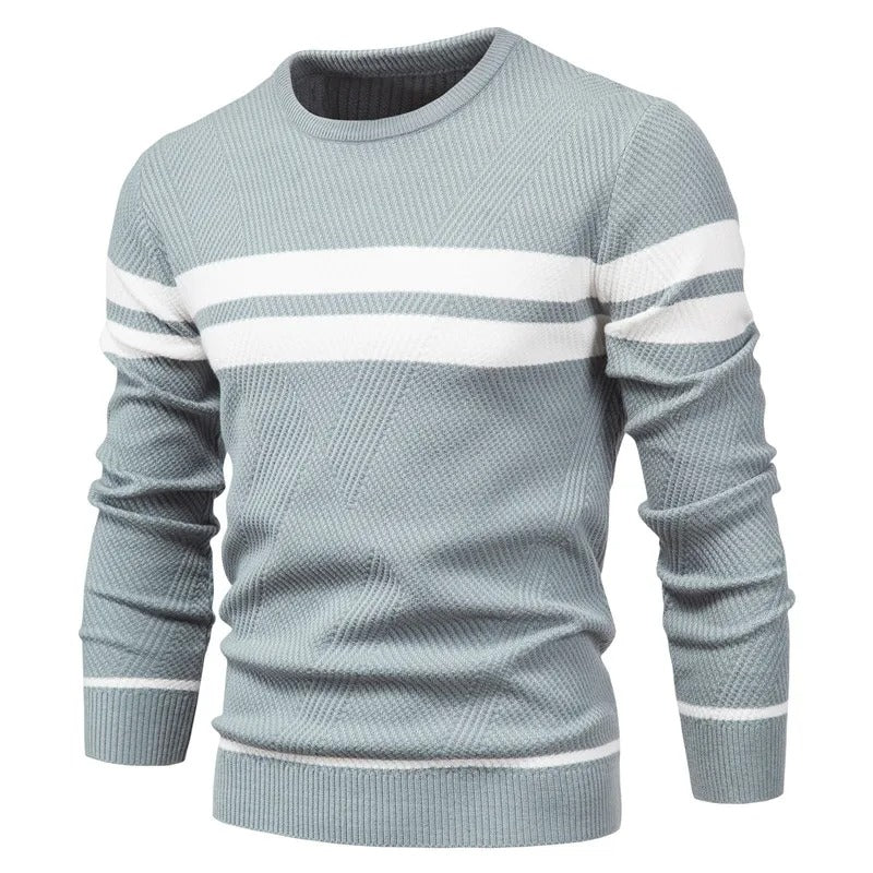 "Patchwork-pullover med O-ringning för män, långärmad, trendigt mönster, varm och slimmad passform, stilfull design."