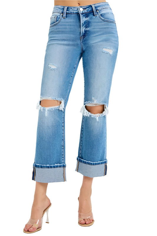 Raka jeans för dam med medelhög midja och cuffs, elegant stil med raka ben. Perfekt för både avslappnad och sofistikerad look