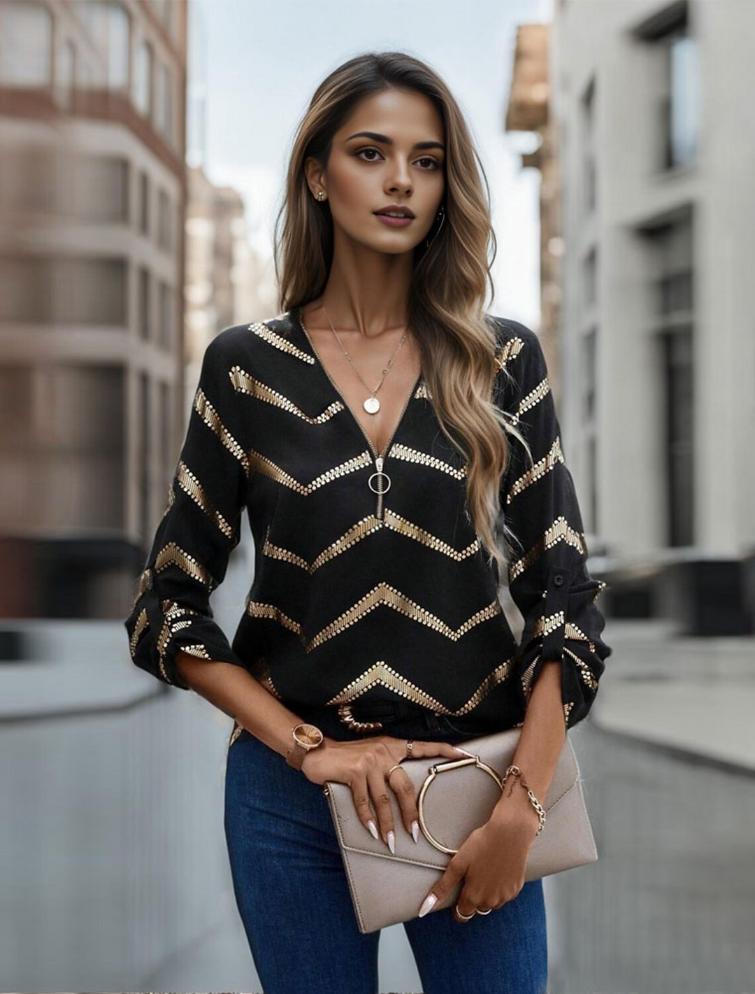 "Randig damblus med V-ringning, lätt tyg och sofistikerad design för elegans och komfort."