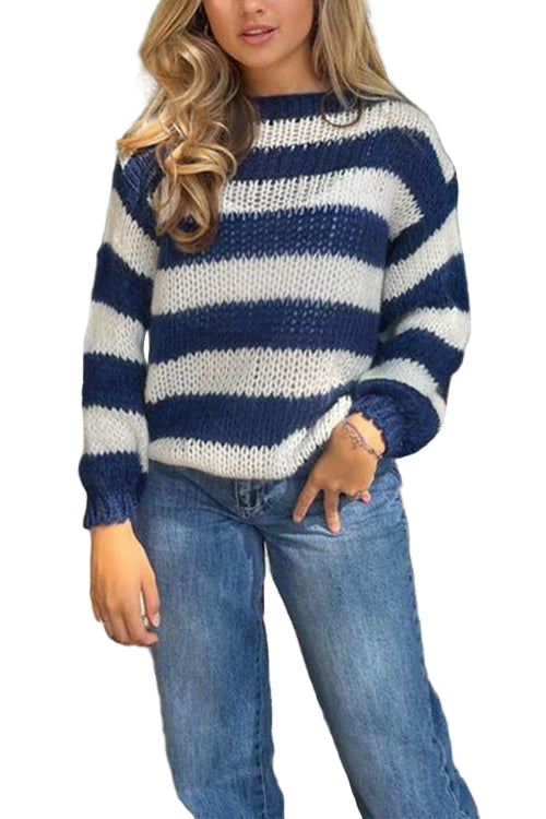 Randig pullover tröja med avslappnad passform och drop shoulder-design för kvinnor. Perfekt för vår- och höstgarderoben.