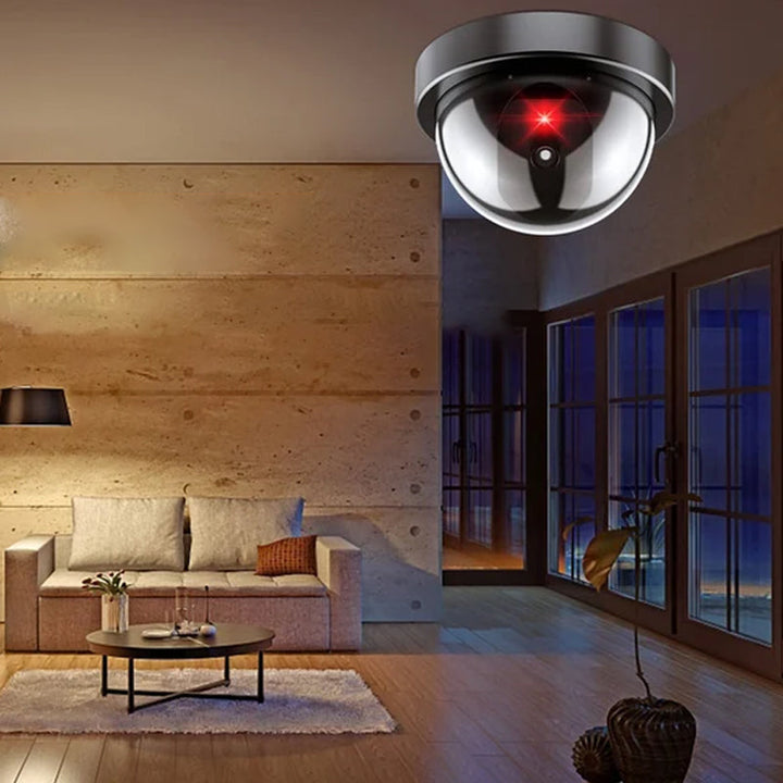 "Realistisk fejkövervakningskamera i svart med blinkande rött LED-ljus, enkel installation för effektivt säkerhetsavskräckand