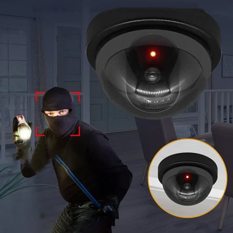 "Realistisk fejkövervakningskamera i svart med blinkande rött LED-ljus, enkel installation för effektivt säkerhetsavskräckand