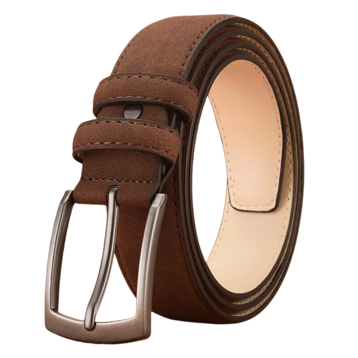 "Retro mockabälte för män med tidlös design, legerat spänne och elegant mocka i svart eller brun färg."