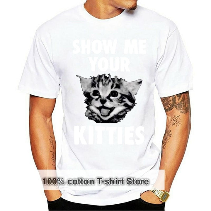 Herr T-shirt med kattmotiv "Show Me Your Kitties" i vintage-stil, tillgänglig i flera färger för kattälskare.