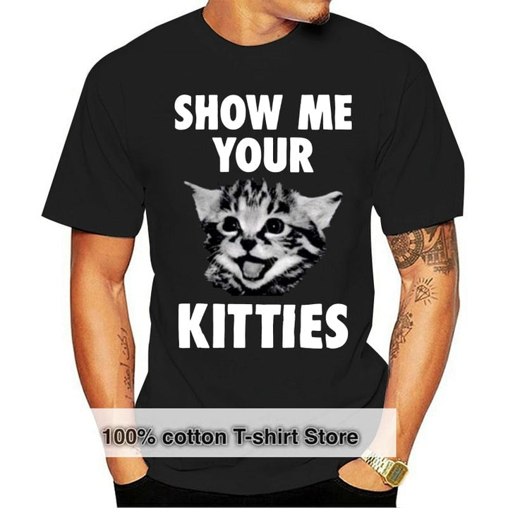 Herr T-shirt med kattmotiv "Show Me Your Kitties" i vintage-stil, tillgänglig i flera färger för kattälskare.