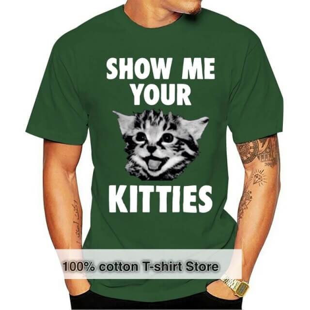 Herr T-shirt med kattmotiv "Show Me Your Kitties" i vintage-stil, tillgänglig i flera färger för kattälskare.