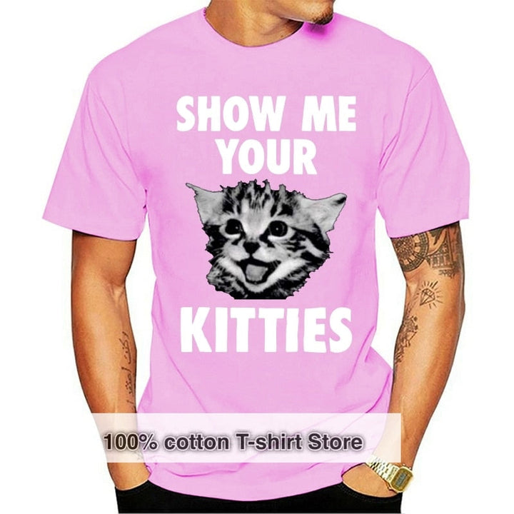 Herr T-shirt med kattmotiv "Show Me Your Kitties" i vintage-stil, tillgänglig i flera färger för kattälskare.