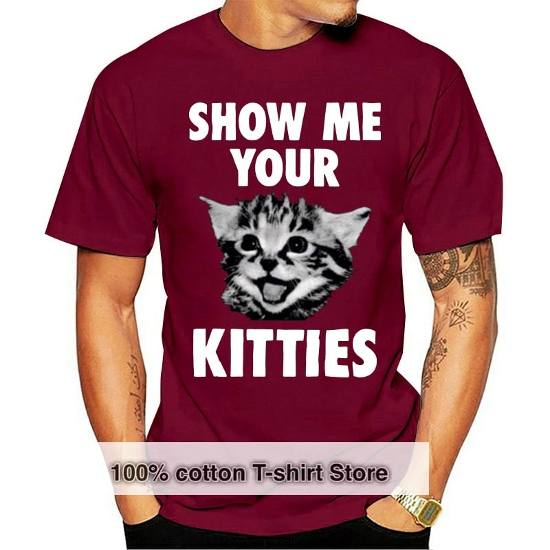 Herr T-shirt med kattmotiv "Show Me Your Kitties" i vintage-stil, tillgänglig i flera färger för kattälskare.