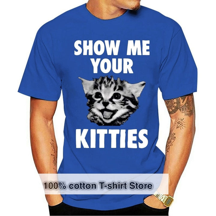 Herr T-shirt med kattmotiv "Show Me Your Kitties" i vintage-stil, tillgänglig i flera färger för kattälskare.