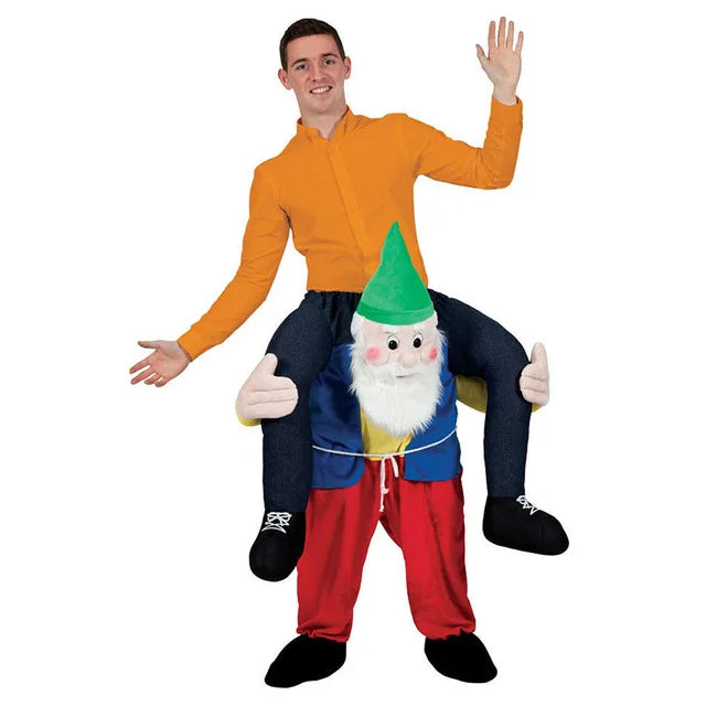 Rolig kostym med illusion av att rida på axlarna, färgglad design för barn och vuxna, perfekt för Halloween.