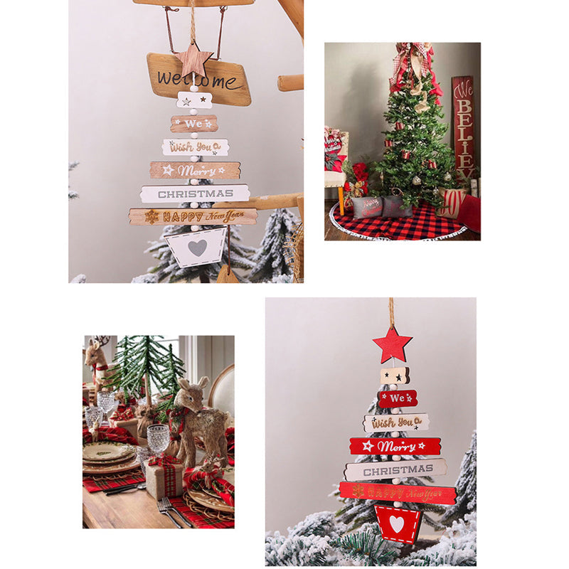"Rustik trähängande juldekoration, stjärnor, hjärtan, 'God Jul' text i levande färger för heminredning."