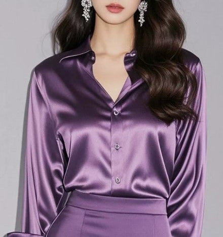 Kvinnors Satin Blus med Knäppning