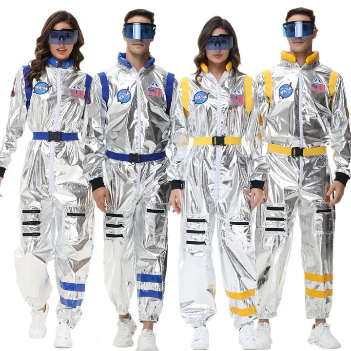 Silverfärgad unisex astronautdräkt med rymdtema, glänsande yta och autentiska detaljer som emblem och dragkedjor.
