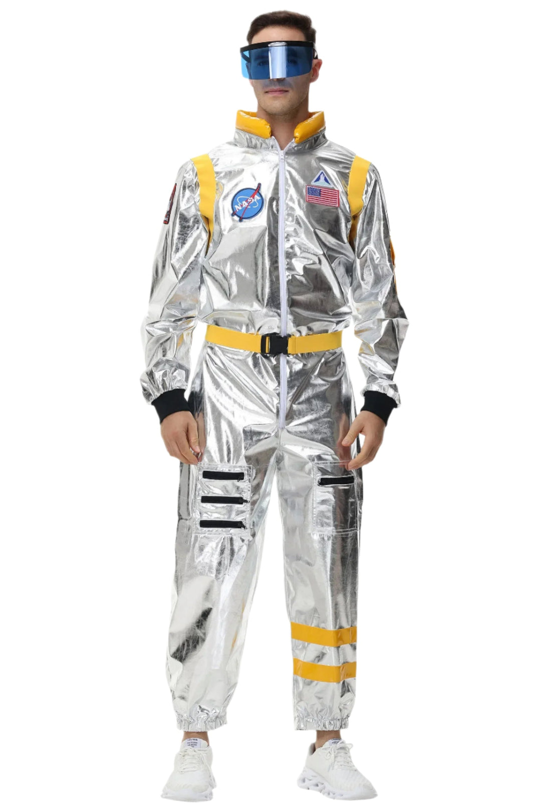 Silverfärgad unisex astronautdräkt med rymdtema, glänsande yta och autentiska detaljer som emblem och dragkedjor.