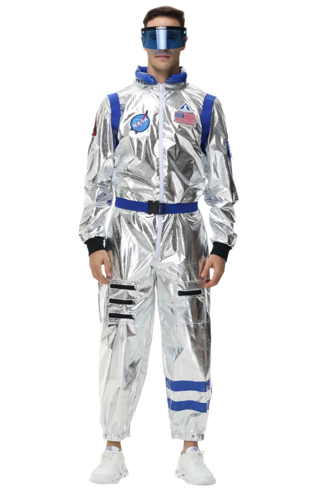 Silverfärgad unisex astronautdräkt med rymdtema, glänsande yta och autentiska detaljer som emblem och dragkedjor.