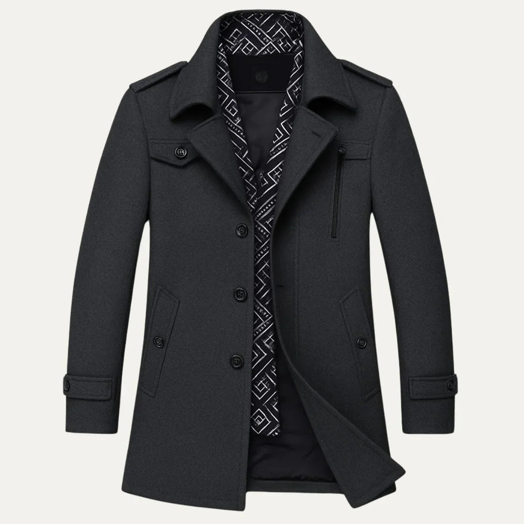 "Skräddarsydd manskappa i klassisk stil, elegant snitt, grå ullblandning, passar formella och smart-casual tillfällen"