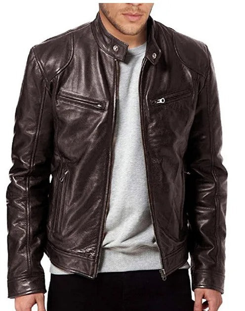 "Slim Fit motorcykeljacka för män, stilrent PU-läder, svart med ståkrage och dragkedja. Perfekt för stil och skydd."