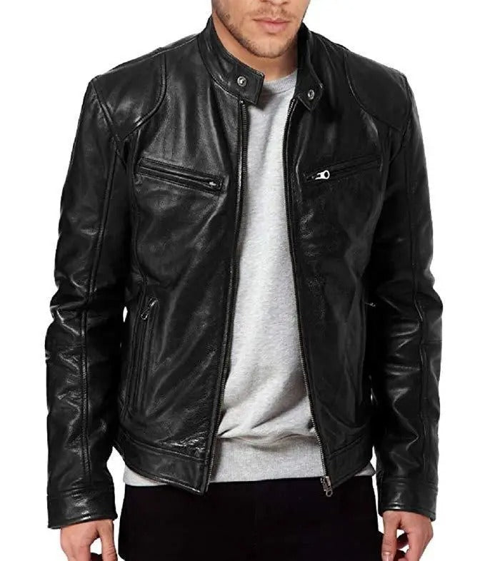 "Slim Fit motorcykeljacka för män, stilrent PU-läder, svart med ståkrage och dragkedja. Perfekt för stil och skydd."
