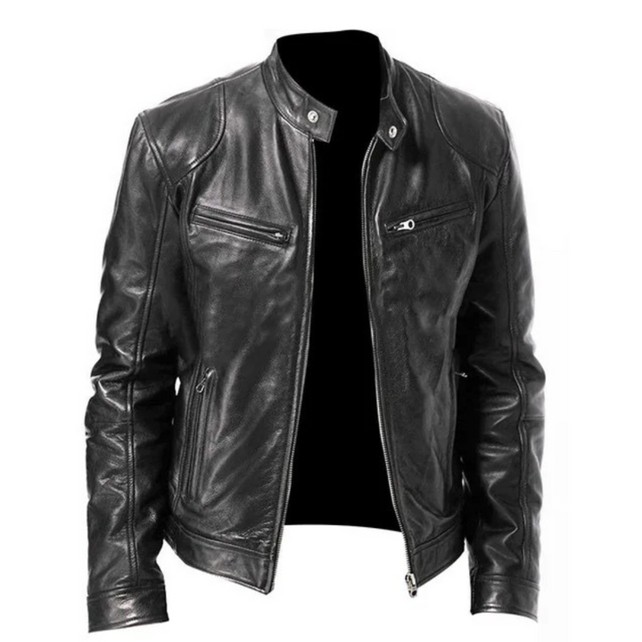 "Slim Fit motorcykeljacka för män, stilrent PU-läder, svart med ståkrage och dragkedja. Perfekt för stil och skydd."