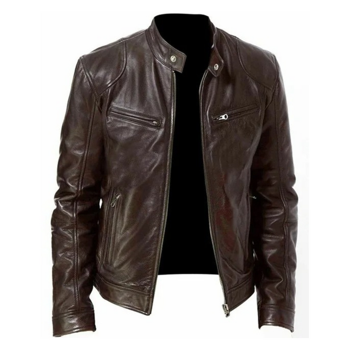 "Slim Fit motorcykeljacka för män, stilrent PU-läder, svart med ståkrage och dragkedja. Perfekt för stil och skydd."