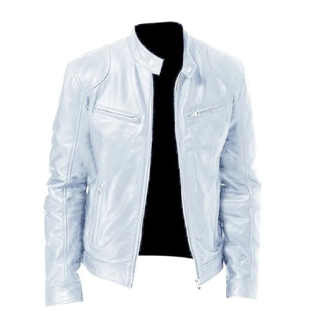 "Slim Fit motorcykeljacka för män, stilrent PU-läder, svart med ståkrage och dragkedja. Perfekt för stil och skydd."