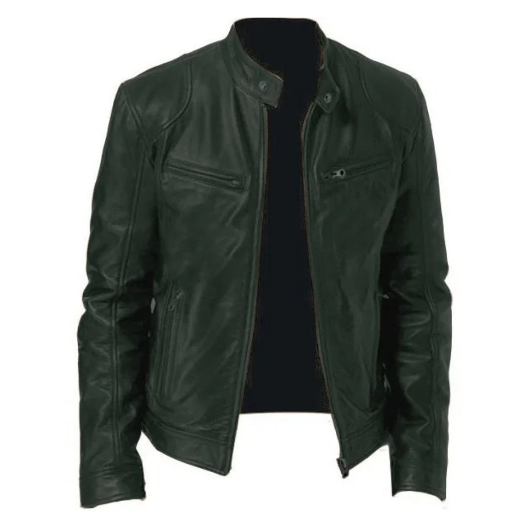 "Slim Fit motorcykeljacka för män, stilrent PU-läder, svart med ståkrage och dragkedja. Perfekt för stil och skydd."