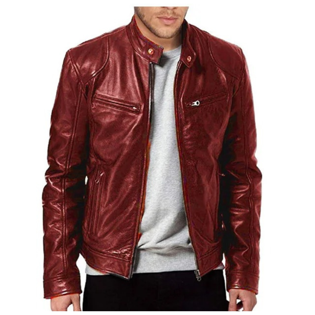 "Slim Fit motorcykeljacka för män, stilrent PU-läder, svart med ståkrage och dragkedja. Perfekt för stil och skydd."