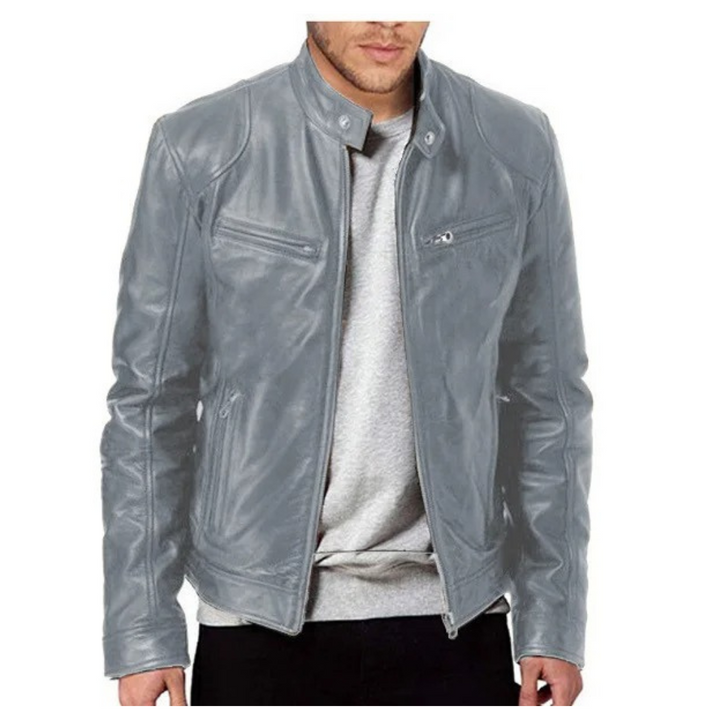 "Slim Fit motorcykeljacka för män, stilrent PU-läder, svart med ståkrage och dragkedja. Perfekt för stil och skydd."