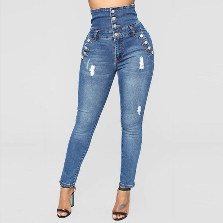 Slimma denimbyxor med hög midja, elegant smal passform. Flatterande kurvor, damjeans för stil och komfort.