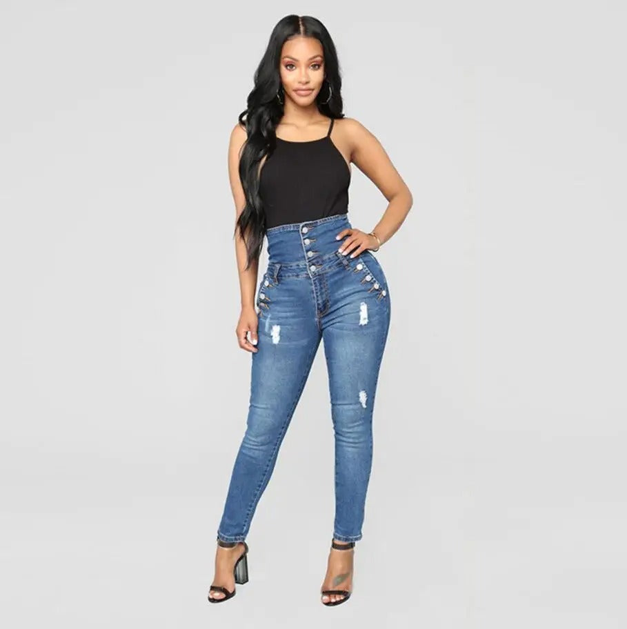 Slimma denimbyxor med hög midja, elegant smal passform. Flatterande kurvor, damjeans för stil och komfort.