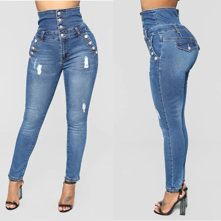 Slimma denimbyxor med hög midja, elegant smal passform. Flatterande kurvor, damjeans för stil och komfort.