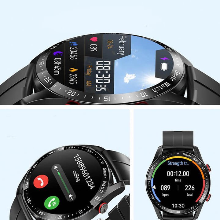 Smartwatch för herr och dam med blodsockermätning, vattentålig design, stor HD-skärm och elegant utseende.