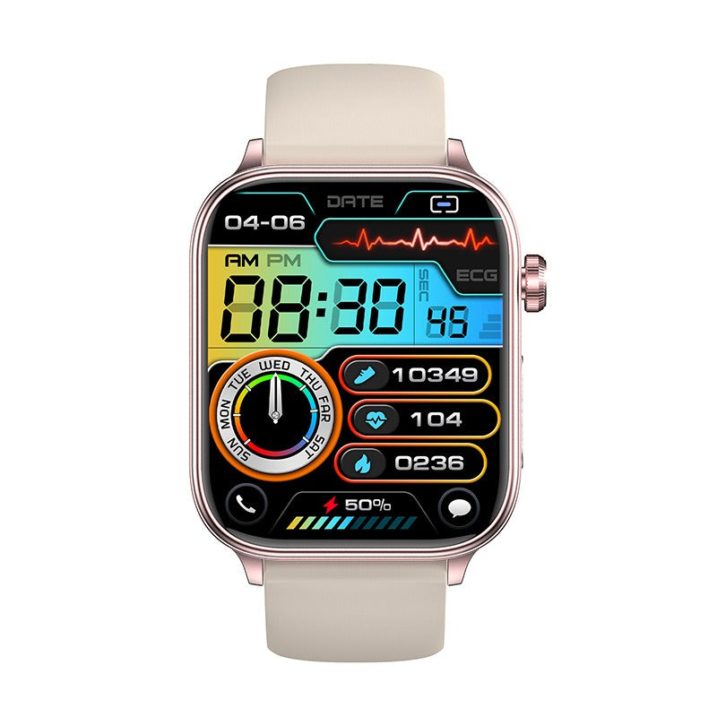 Smartwatch med GPS, SOS-funktioner, stilren design; visar hälsostatistik som pulsmätning och stegräknare i färggrann display.