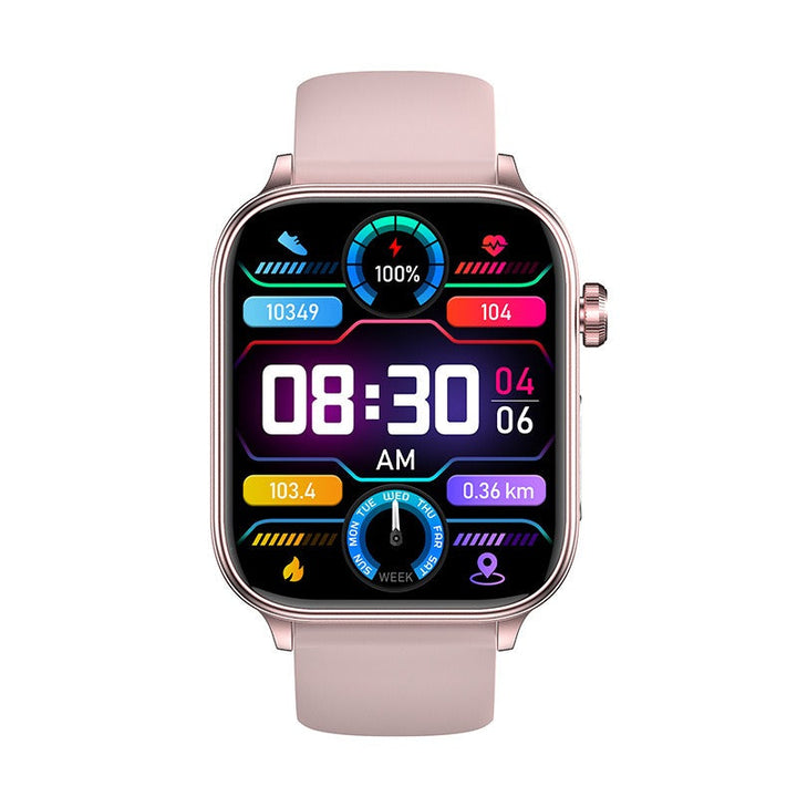Smartwatch med GPS, SOS-funktioner, stilren design; visar hälsostatistik som pulsmätning och stegräknare i färggrann display.