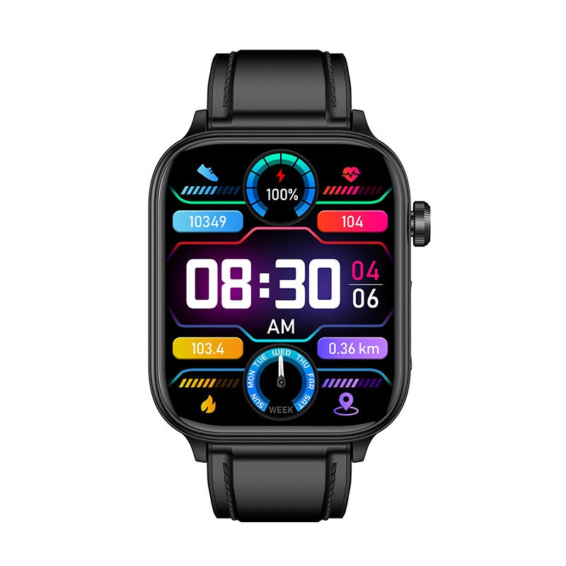 Smartwatch med GPS, SOS-funktioner, stilren design; visar hälsostatistik som pulsmätning och stegräknare i färggrann display.