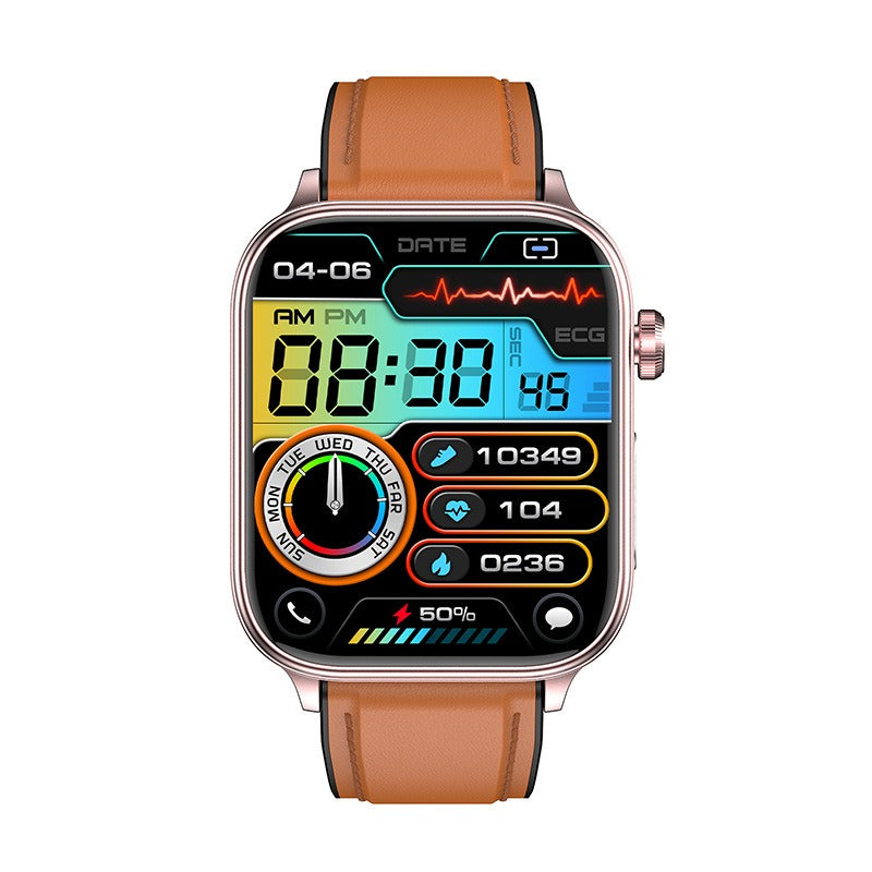 Smartwatch med GPS, SOS-funktioner, stilren design; visar hälsostatistik som pulsmätning och stegräknare i färggrann display.