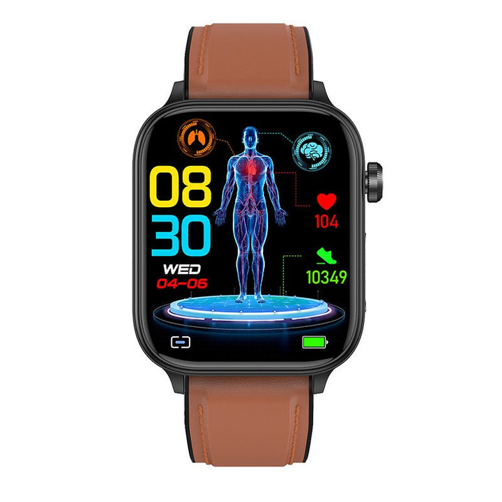 Smartwatch med GPS, SOS-funktioner, stilren design; visar hälsostatistik som pulsmätning och stegräknare i färggrann display.