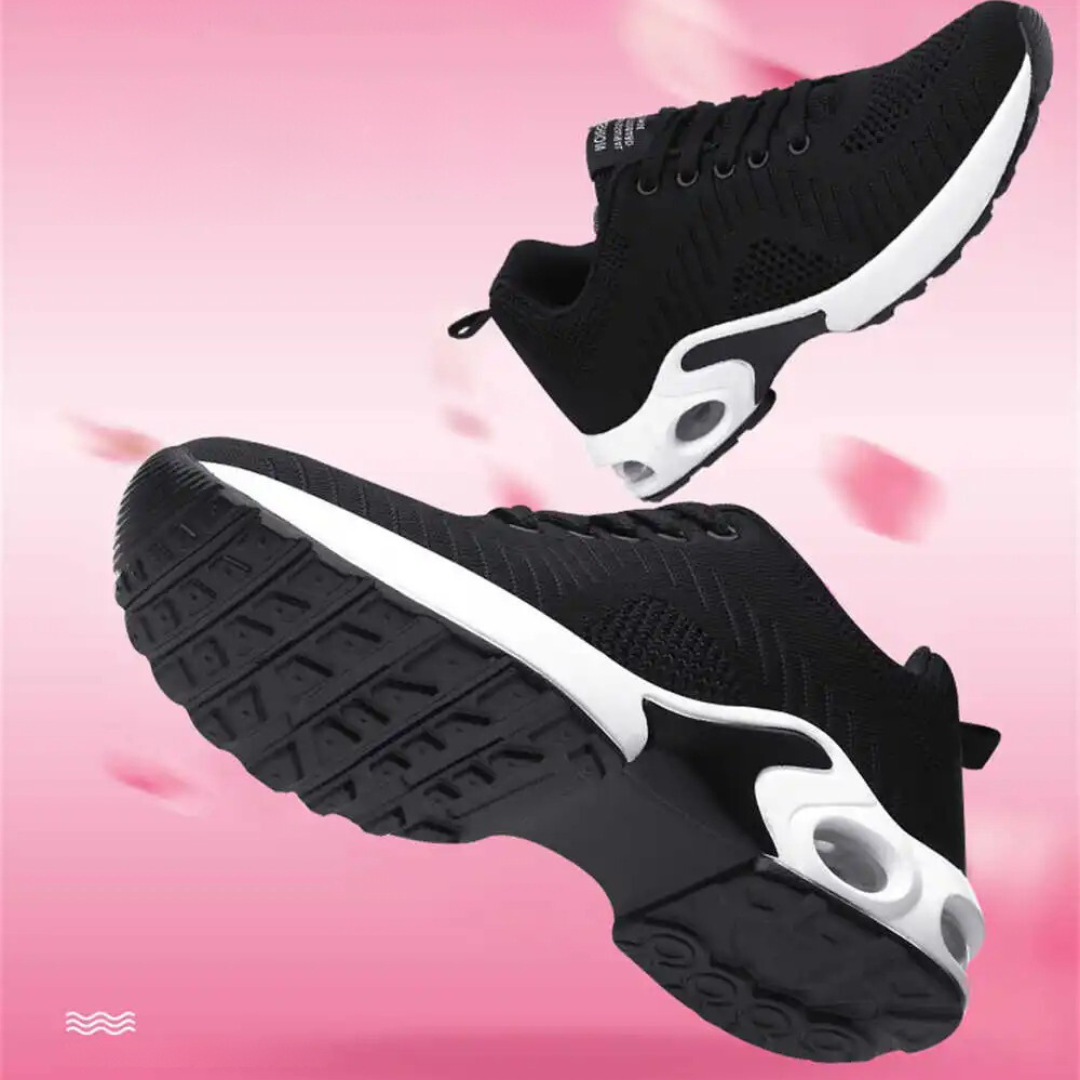 "Snygga dam sneakers med hålfotsstöd och luftkuddar, gråa och vita, perfekt för komfort och aktiv livsstil."