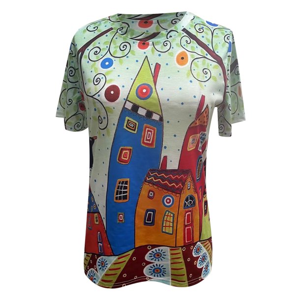 "Somrig t-shirt för kvinnor, lätt polyester, kortärmad, slimmande stil, perfekt för soliga dagar, streetwear look."