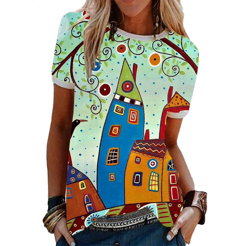 "Somrig t-shirt för kvinnor, lätt polyester, kortärmad, slimmande stil, perfekt för soliga dagar, streetwear look."